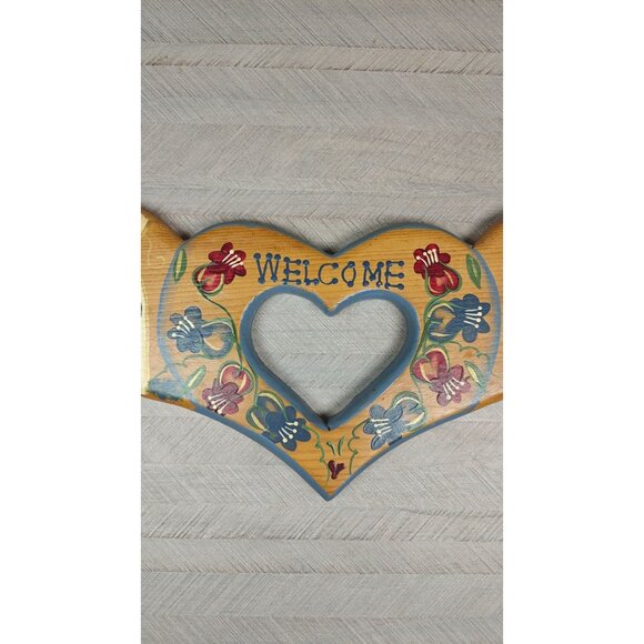 Vintage Hand-Painted Wooden Heart Shaped Welcome Wall Sign Floral Birdhouse - Picture 3 of 7